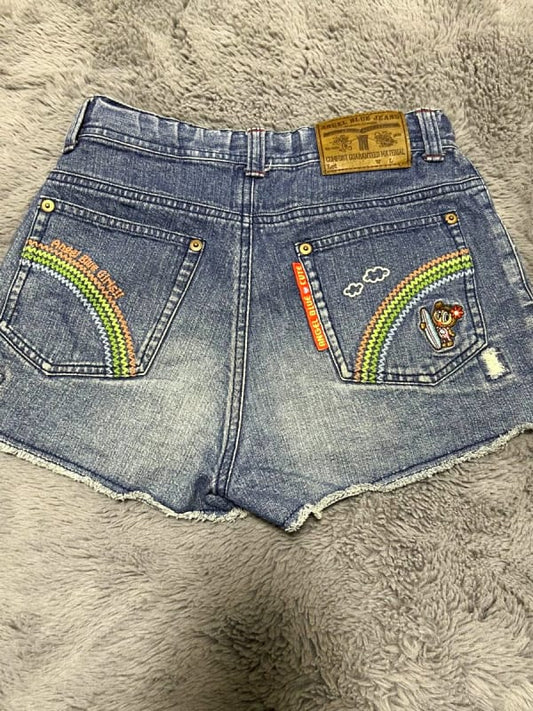 Angel Blue Denim Short Pants With Embroidery