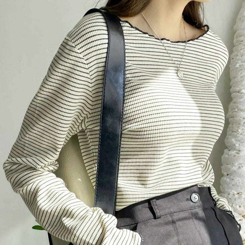 Striped Letter Trim T-Shirt Cool Neck Long Sleeve Spring Summer Women's