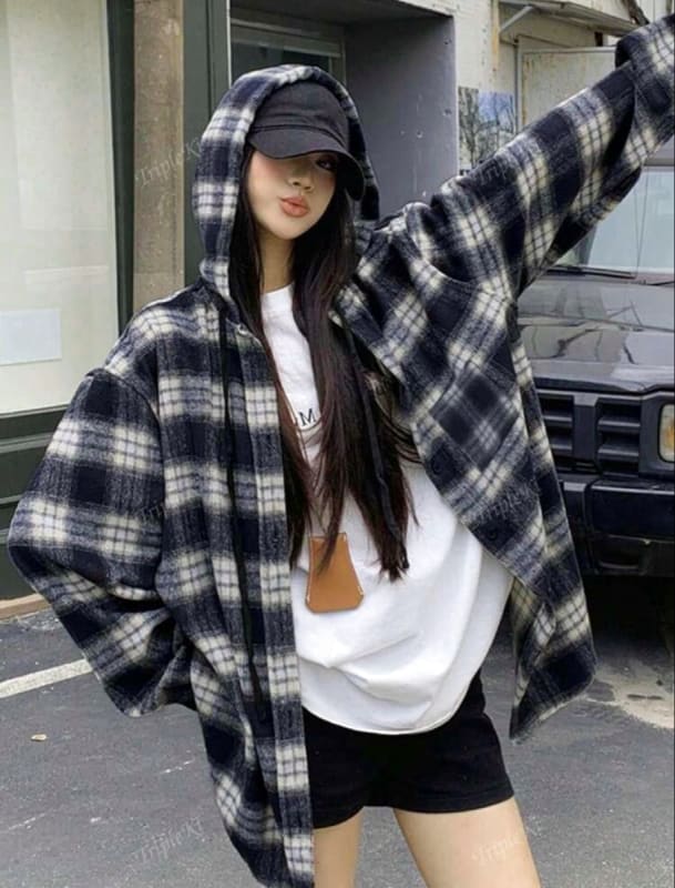 Check Pattern Hooded Shirt Jacket Oversized Casual