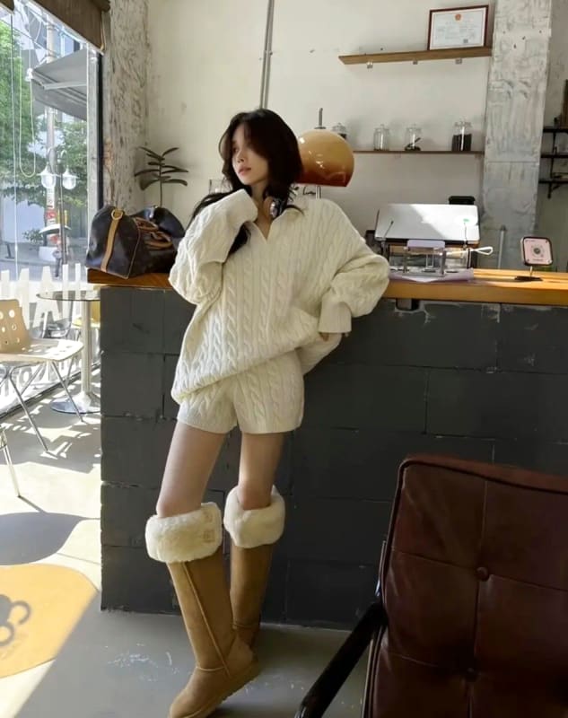 Korean Style Winter Cable Sweater & Shorts Set